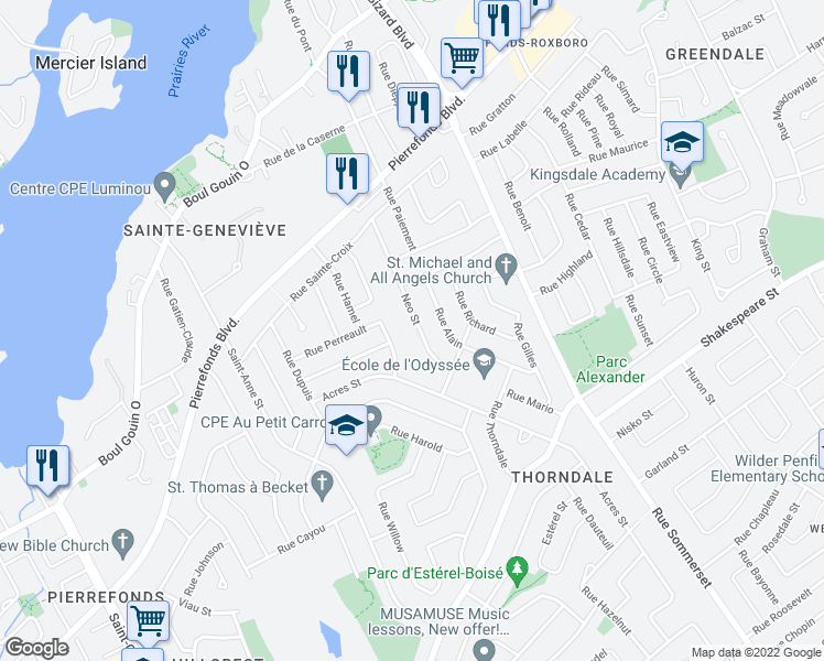 map of restaurants, bars, coffee shops, grocery stores, and more near 8694 Rue Saint-Denis in Montréal