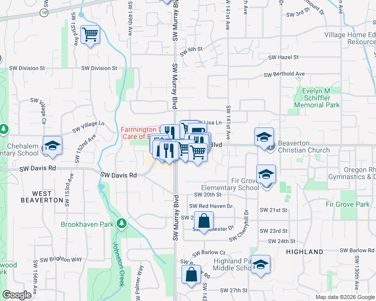map of restaurants, bars, coffee shops, grocery stores, and more near 14290 Southwest Allen Boulevard in Beaverton