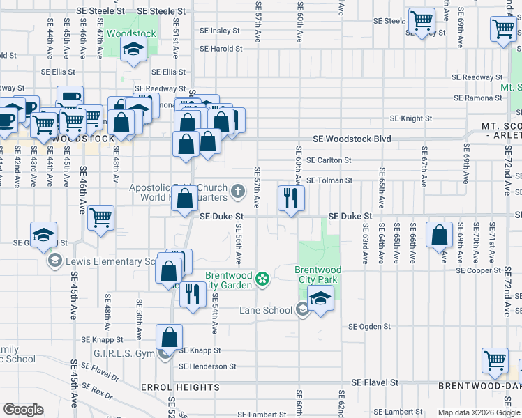 map of restaurants, bars, coffee shops, grocery stores, and more near 6424 Southeast 57th Avenue in Portland