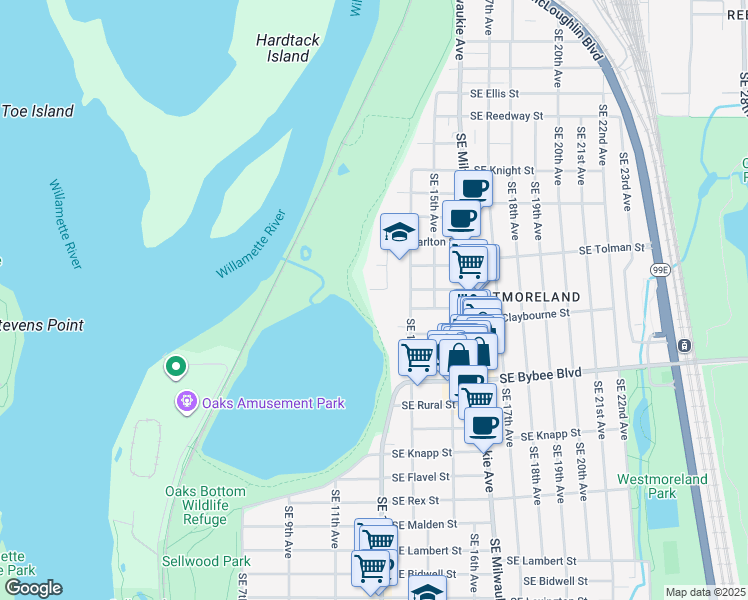 map of restaurants, bars, coffee shops, grocery stores, and more near 1238 Southeast Henry Street in Portland