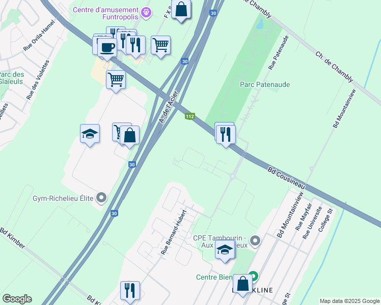 map of restaurants, bars, coffee shops, grocery stores, and more near 3635 Rue Roland-Marquette in Longueuil