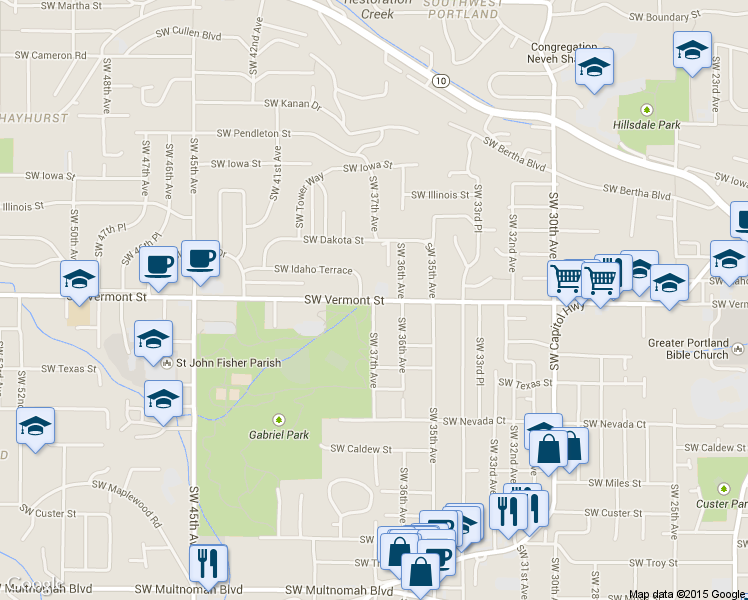 map of restaurants, bars, coffee shops, grocery stores, and more near Southwest Vermont Street in Portland