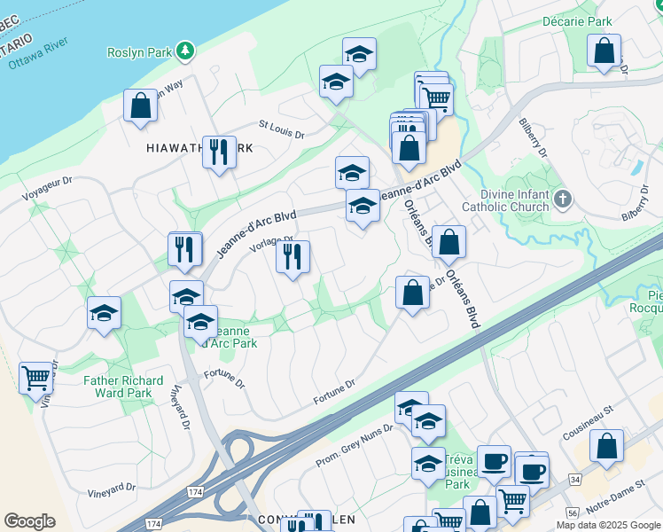 map of restaurants, bars, coffee shops, grocery stores, and more near 1106 Saint-Emmanuel Terrace in Ottawa