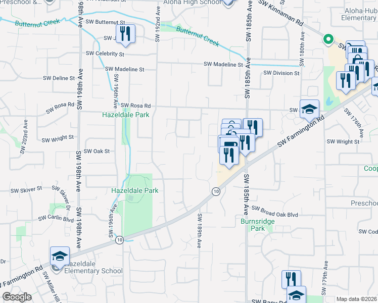 map of restaurants, bars, coffee shops, grocery stores, and more near 18989 Southwest Hazelwood Lane in Beaverton