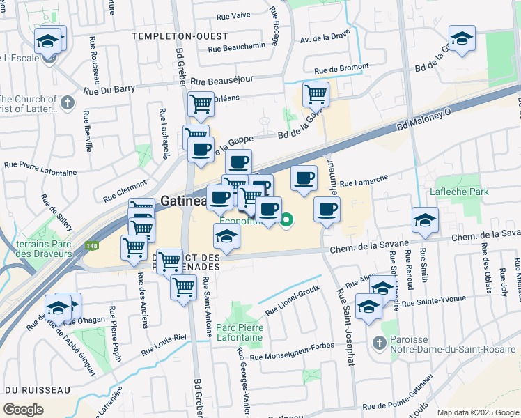 map of restaurants, bars, coffee shops, grocery stores, and more near 1100 Boulevard Maloney Ouest in Gatineau