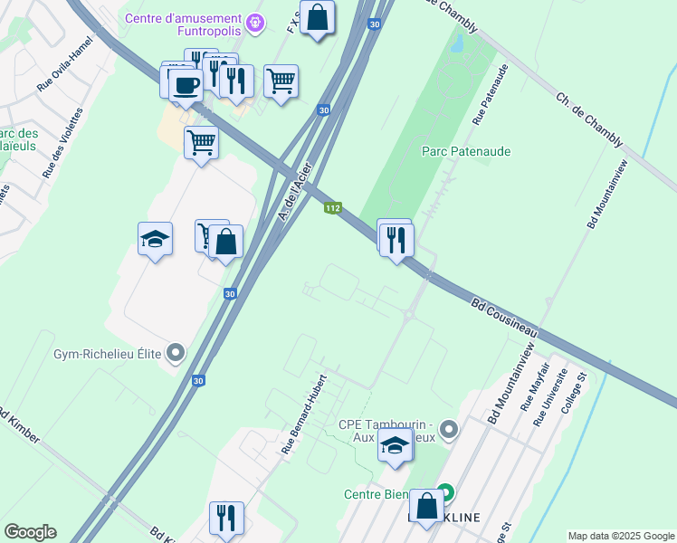 map of restaurants, bars, coffee shops, grocery stores, and more near 3635 Rue Roland-Marquette in Longueuil