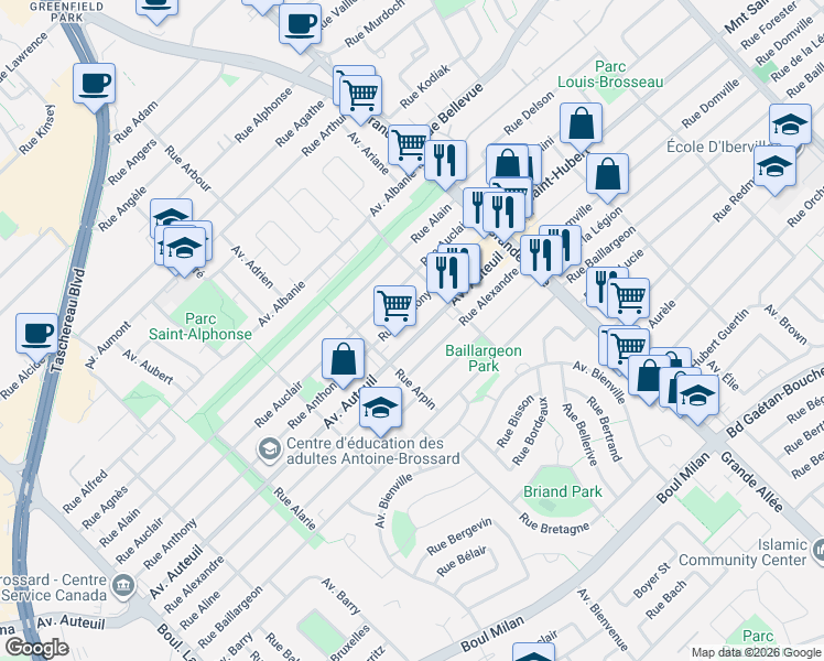 map of restaurants, bars, coffee shops, grocery stores, and more near 5649 Avenue Auteuil in Brossard