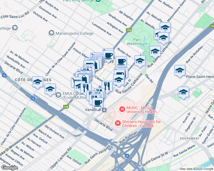 map of restaurants, bars, coffee shops, grocery stores, and more near 2050 Avenue Claremont in Montréal