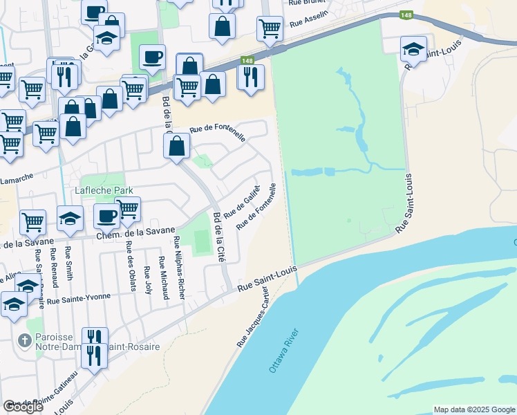 map of restaurants, bars, coffee shops, grocery stores, and more near 230 Rue de Fontenelle in Gatineau
