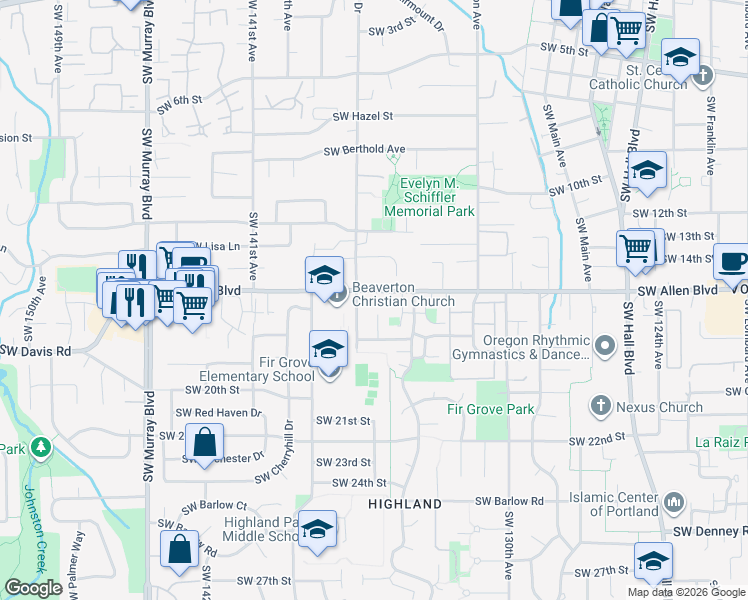 map of restaurants, bars, coffee shops, grocery stores, and more near 6000 Southwest Menlo Drive in Beaverton