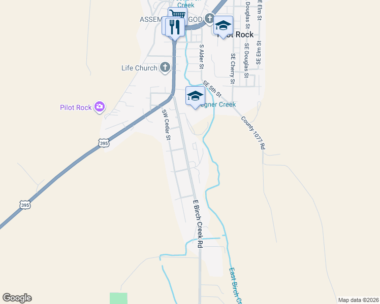 map of restaurants, bars, coffee shops, grocery stores, and more near 765 Southwest Birch Street in Pilot Rock