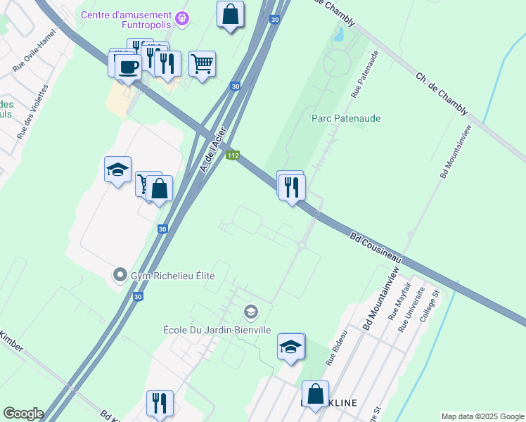 map of restaurants, bars, coffee shops, grocery stores, and more near 3630 Rue Roland-Marquette in Longueuil