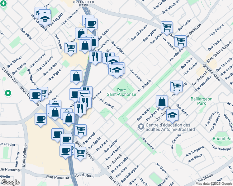 map of restaurants, bars, coffee shops, grocery stores, and more near Avenue Athènes in Brossard