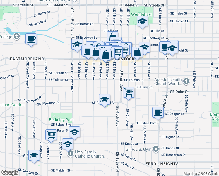 map of restaurants, bars, coffee shops, grocery stores, and more near 6515 Southeast 44th Avenue in Portland