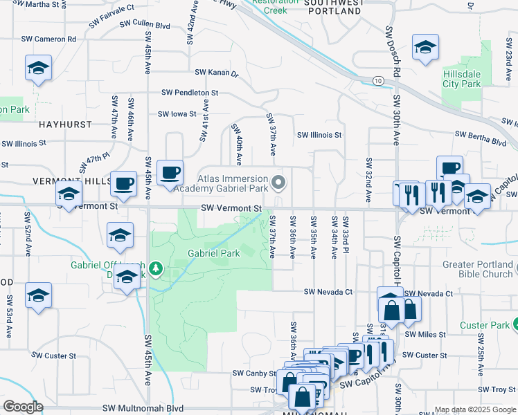 map of restaurants, bars, coffee shops, grocery stores, and more near 3800-3920 SW Vermont St in Portland