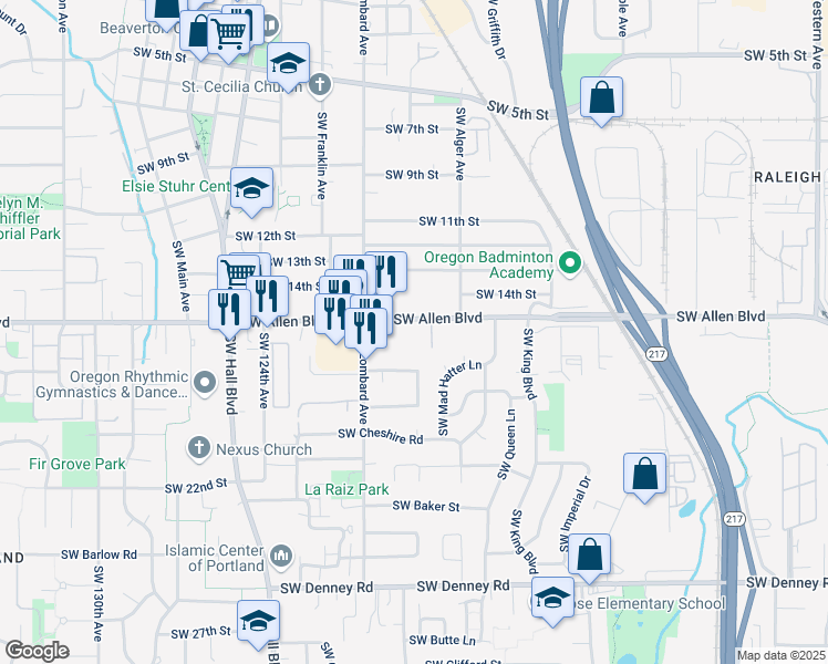 map of restaurants, bars, coffee shops, grocery stores, and more near 6154 Southwest Lombard Avenue in Beaverton