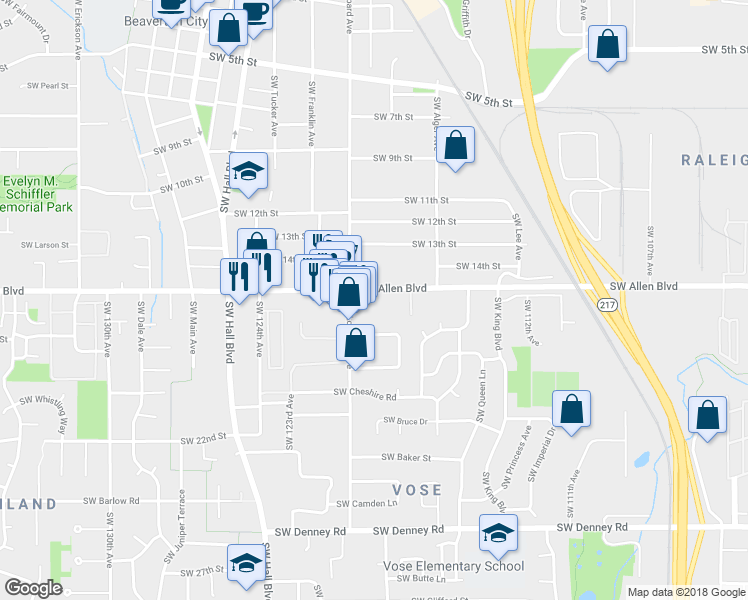map of restaurants, bars, coffee shops, grocery stores, and more near 11900 SW Allen Blvd in Beaverton