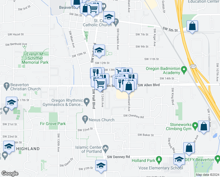 map of restaurants, bars, coffee shops, grocery stores, and more near 6120 Southwest 124th Avenue in Beaverton