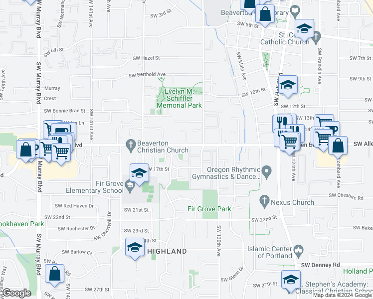 map of restaurants, bars, coffee shops, grocery stores, and more near 13397 Southwest 17th Street in Beaverton