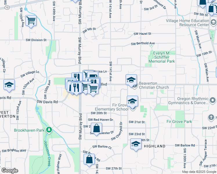 map of restaurants, bars, coffee shops, grocery stores, and more near 13995 Southwest Spirea Street in Beaverton