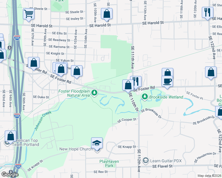 map of restaurants, bars, coffee shops, grocery stores, and more near 10738 Southeast Foster Road in Portland