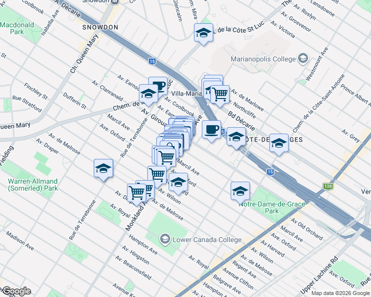 map of restaurants, bars, coffee shops, grocery stores, and more near 4267 Avenue Old Orchard in Montrã©Al