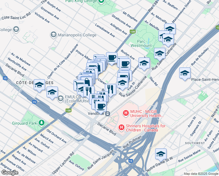 map of restaurants, bars, coffee shops, grocery stores, and more near 2054 Claremont Avenue in Montreal