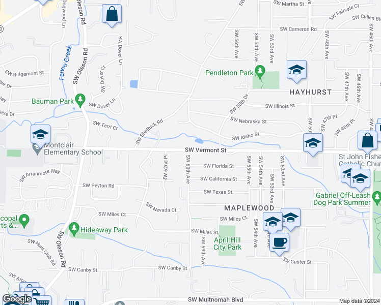 map of restaurants, bars, coffee shops, grocery stores, and more near 6710 Southwest 60th Avenue in Portland