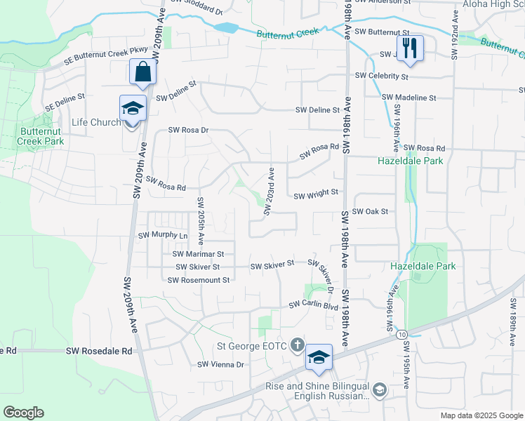 map of restaurants, bars, coffee shops, grocery stores, and more near 6035 Southwest 203rd Avenue in Beaverton