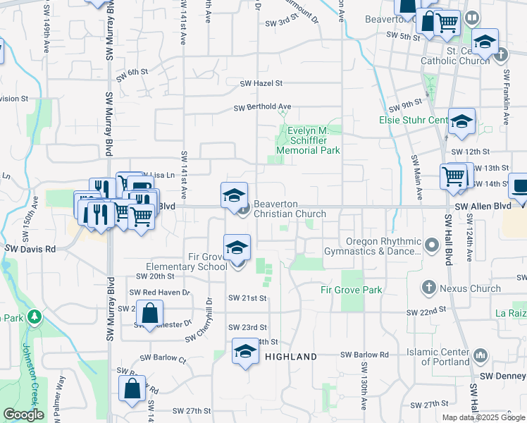 map of restaurants, bars, coffee shops, grocery stores, and more near in Beaverton