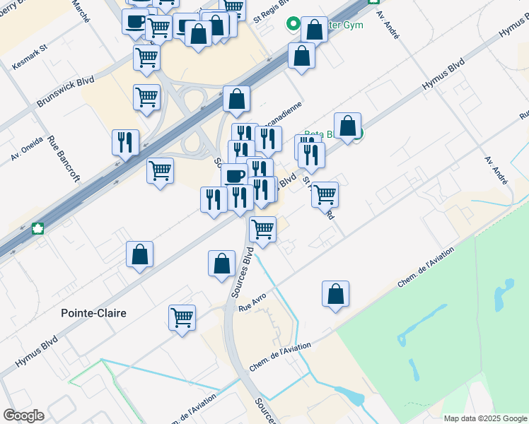 map of restaurants, bars, coffee shops, grocery stores, and more near 2350 Boulevard Hymus in Dorval