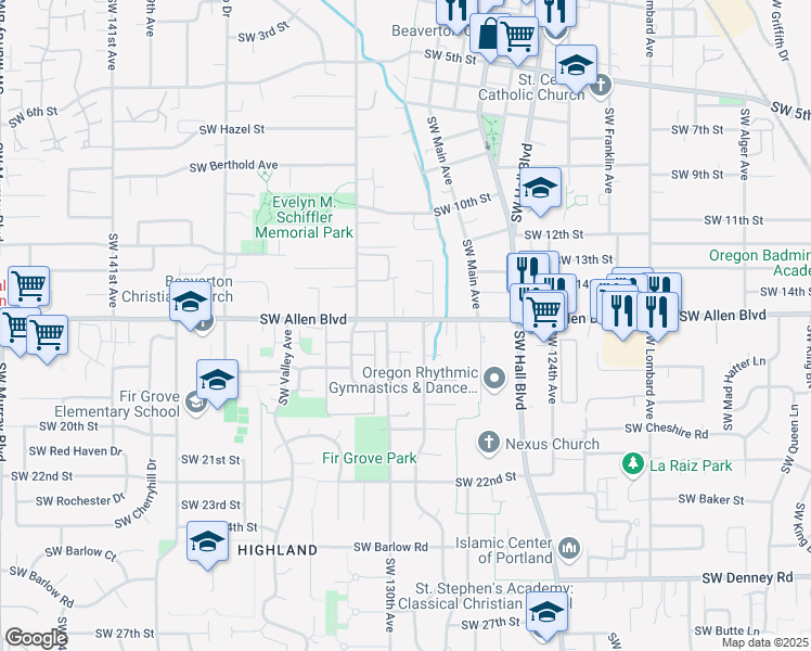 map of restaurants, bars, coffee shops, grocery stores, and more near 12960 SW Allen Blvd in Beaverton