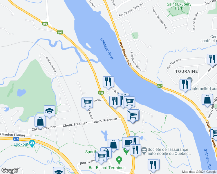 map of restaurants, bars, coffee shops, grocery stores, and more near 33 Rue du Gouvernail in Gatineau
