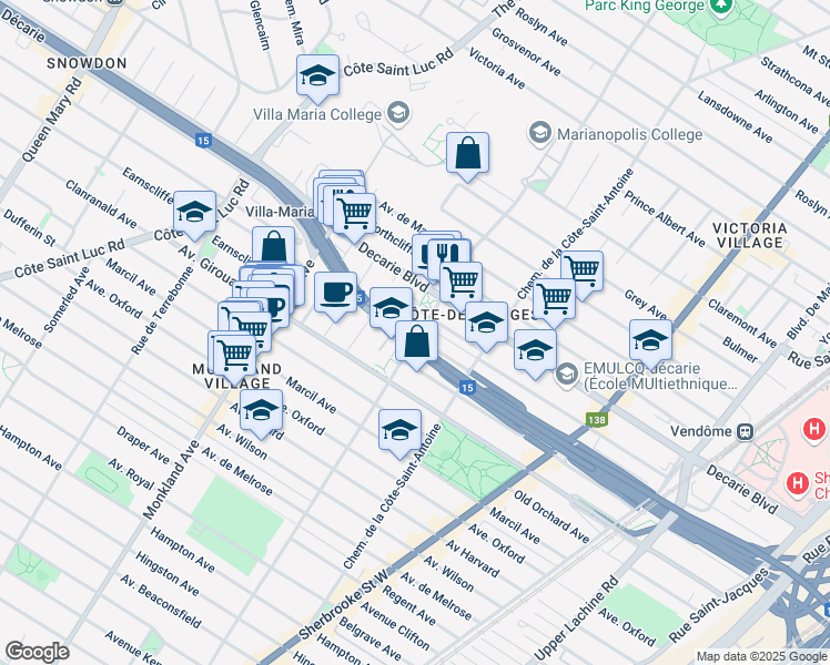 map of restaurants, bars, coffee shops, grocery stores, and more near 5375 Avenue Notre Dame de Grace in Montréal