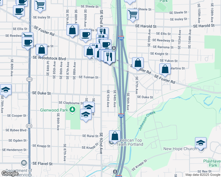 map of restaurants, bars, coffee shops, grocery stores, and more near 6325 Southeast 93rd Avenue in Portland