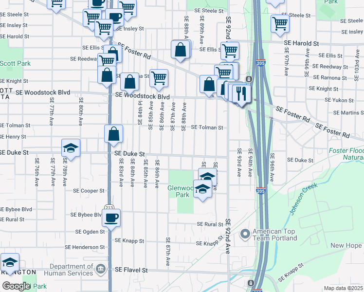 map of restaurants, bars, coffee shops, grocery stores, and more near 6324 Southeast 88th Avenue in Portland