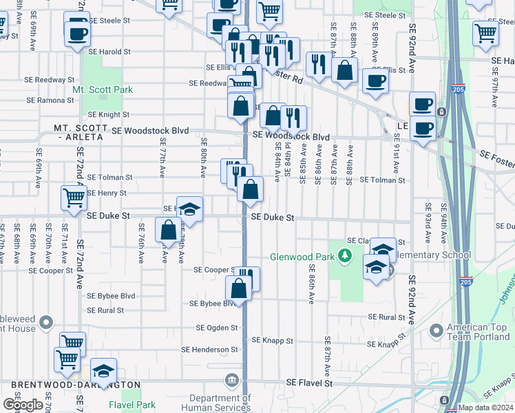 map of restaurants, bars, coffee shops, grocery stores, and more near 6341 Southeast 83rd Avenue in Portland