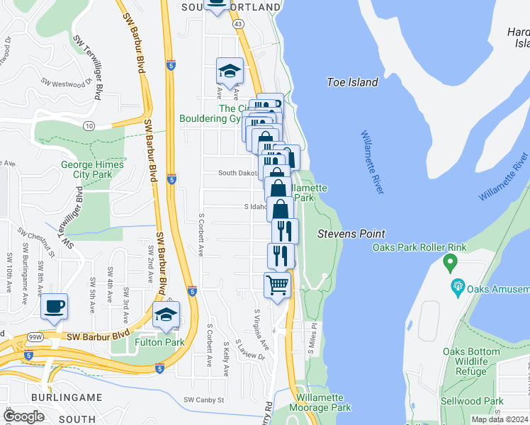 map of restaurants, bars, coffee shops, grocery stores, and more near 0536 Southwest Nebraska Street in Portland