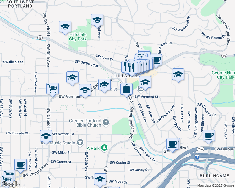 map of restaurants, bars, coffee shops, grocery stores, and more near 1936 Southwest Nebraska Street in Portland