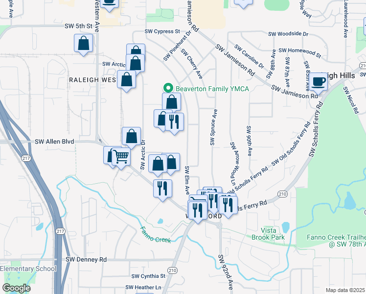 map of restaurants, bars, coffee shops, grocery stores, and more near 5955 Southwest Elm Avenue in Beaverton