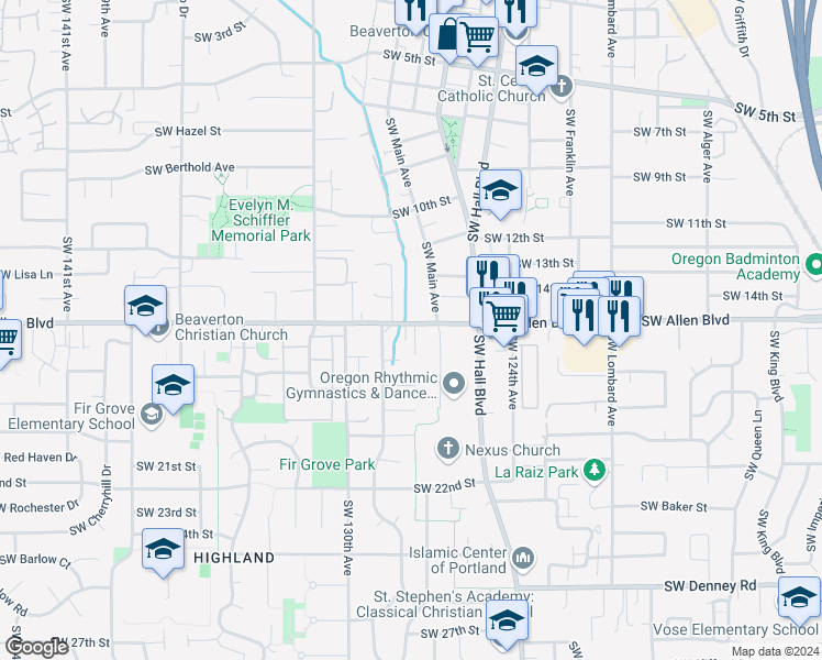 map of restaurants, bars, coffee shops, grocery stores, and more near 5925 Southwest Main Avenue in Beaverton