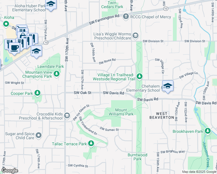 map of restaurants, bars, coffee shops, grocery stores, and more near 6030 Southwest 164th Terrace in Aloha