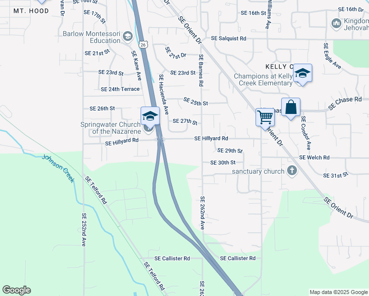map of restaurants, bars, coffee shops, grocery stores, and more near 3837 Southeast Hillyard Road in Gresham