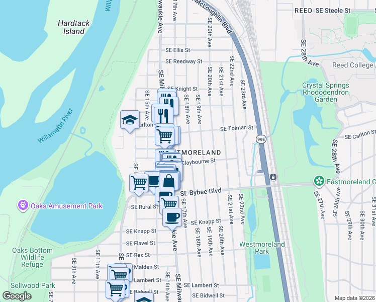 map of restaurants, bars, coffee shops, grocery stores, and more near 6435 Southeast 18th Avenue in Portland