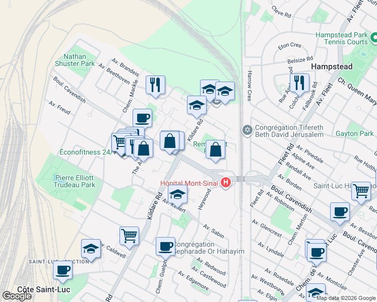 map of restaurants, bars, coffee shops, grocery stores, and more near 5790 Avenue Rembrandt in Côte Saint-Luc
