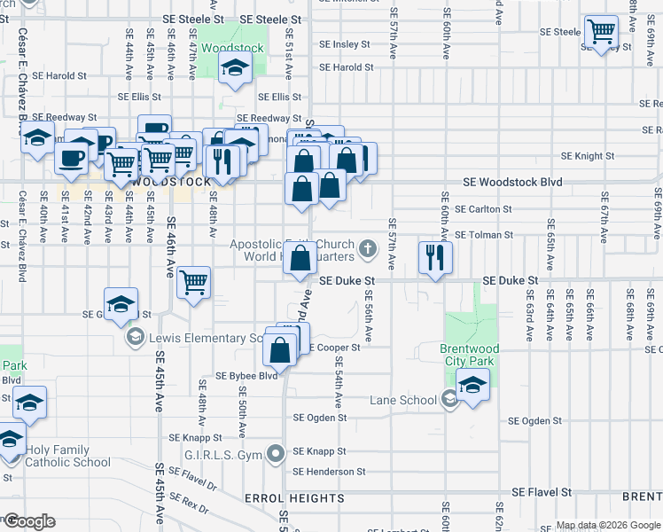 map of restaurants, bars, coffee shops, grocery stores, and more near 5320 Southeast Henry Street in Portland