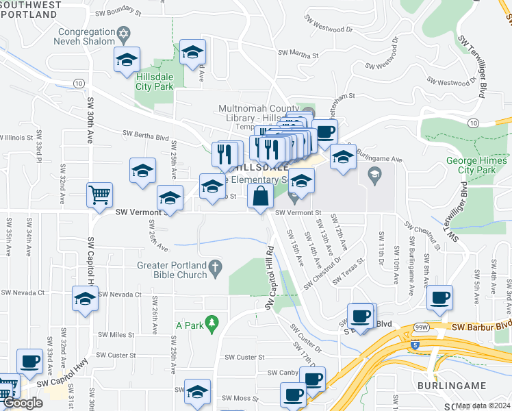 map of restaurants, bars, coffee shops, grocery stores, and more near 1825 Southwest Vermont Street in Portland