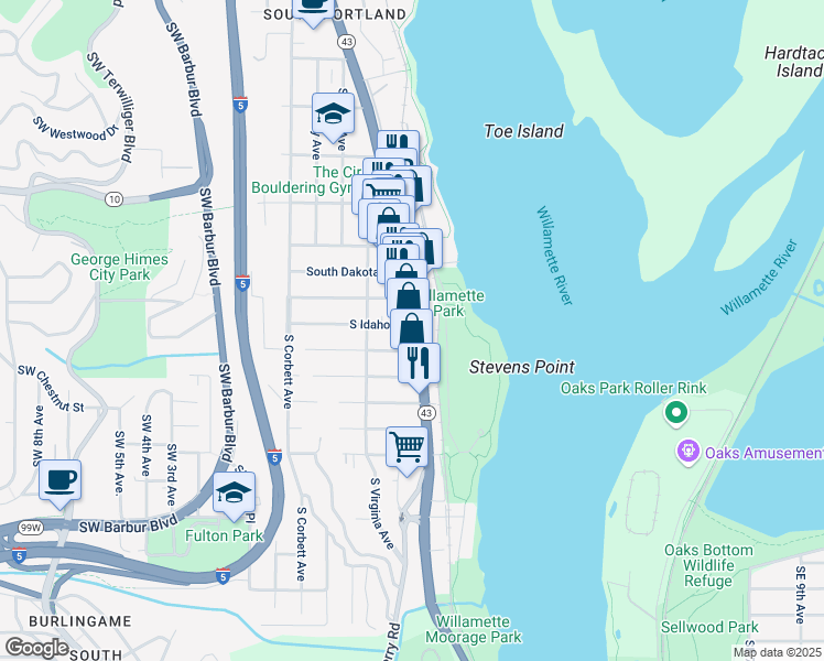 map of restaurants, bars, coffee shops, grocery stores, and more near 6500 Southwest Macadam Avenue in Portland