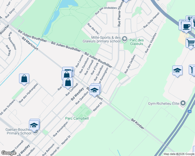 map of restaurants, bars, coffee shops, grocery stores, and more near 3885 Rue Quevillon in Longueuil