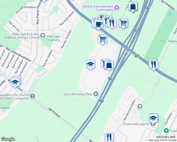 map of restaurants, bars, coffee shops, grocery stores, and more near 1ere Rue in Longueuil